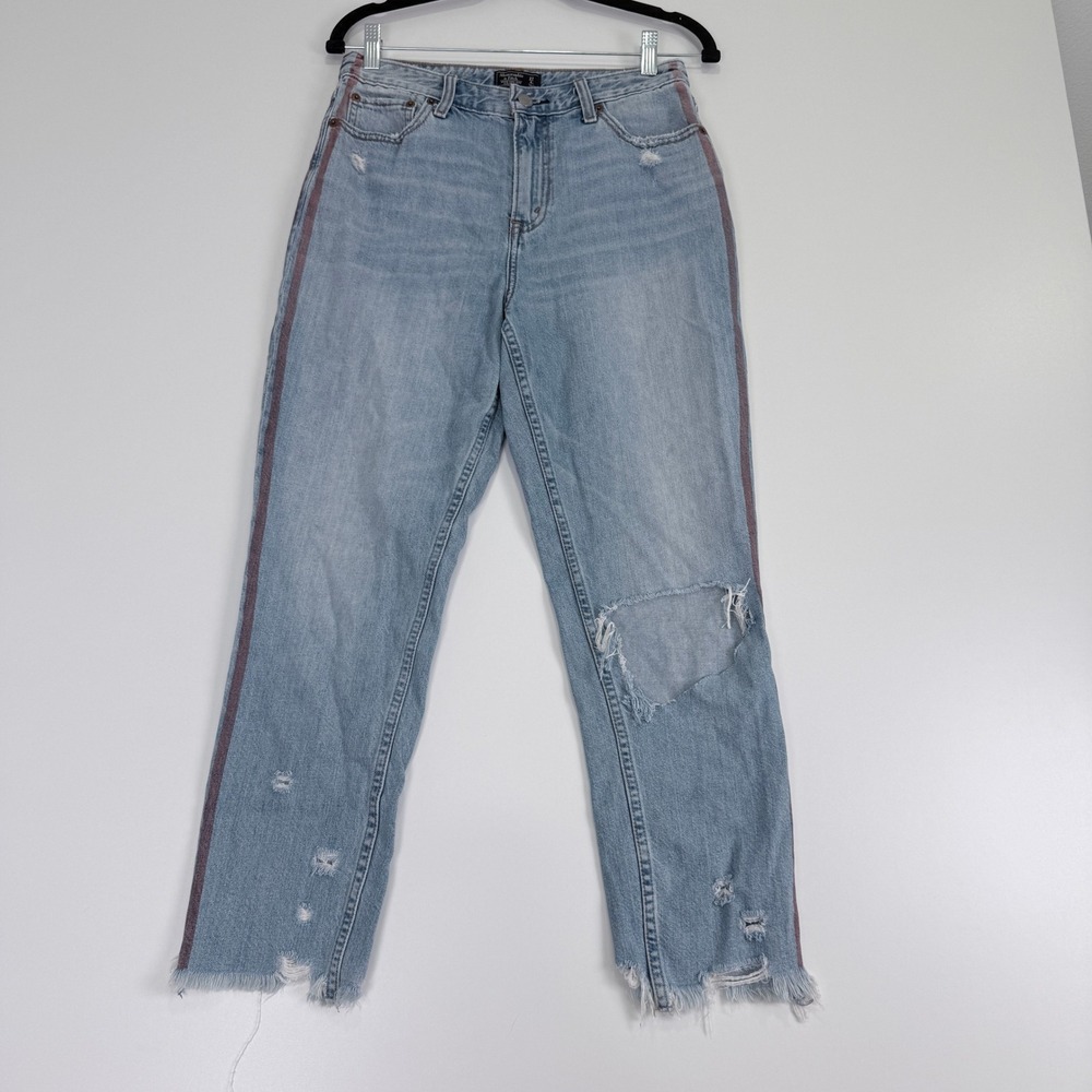 Abercrombie & Fitch Girlfriend Jeans Womens 27/4R Blue Distressed Side Stripe